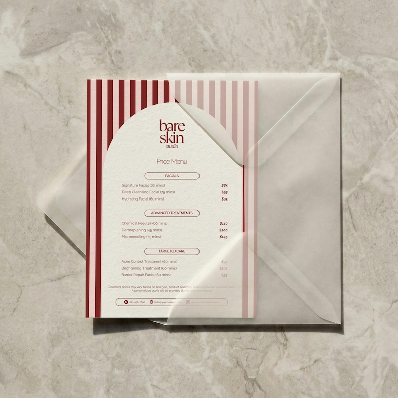 May include: A price menu from "bare skin studio" with a white and red striped design. The menu lists facials, advanced treatments, and targeted care options. The menu is inside a translucent envelope.