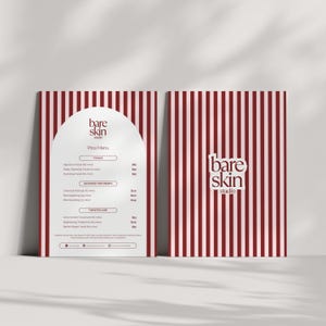 May include: Two red and white striped cards with the text "bare skin studio" and "Price Menu". The left card lists facials and advanced treatments. The right card has the studio logo.