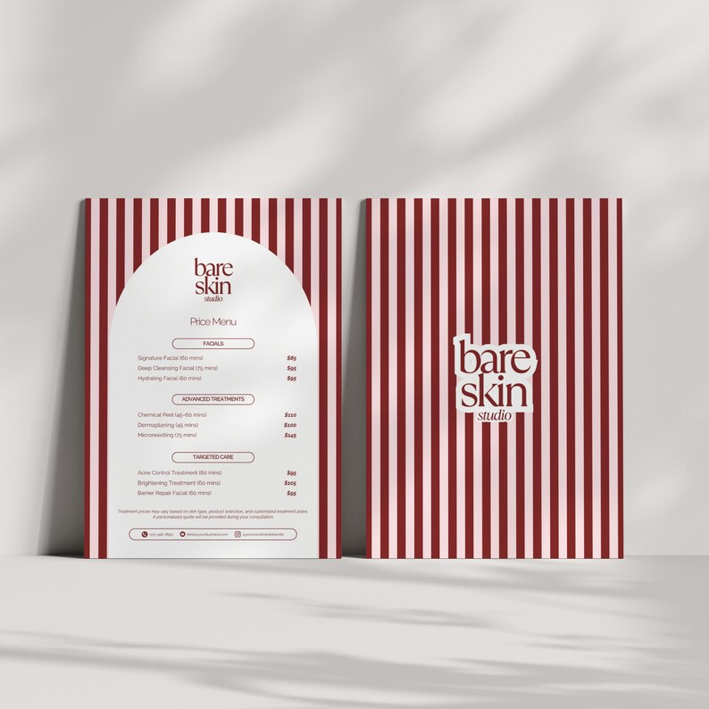 May include: Two red and white striped cards with the text "bare skin studio" and "Price Menu". The left card lists facials and advanced treatments. The right card has the studio logo.