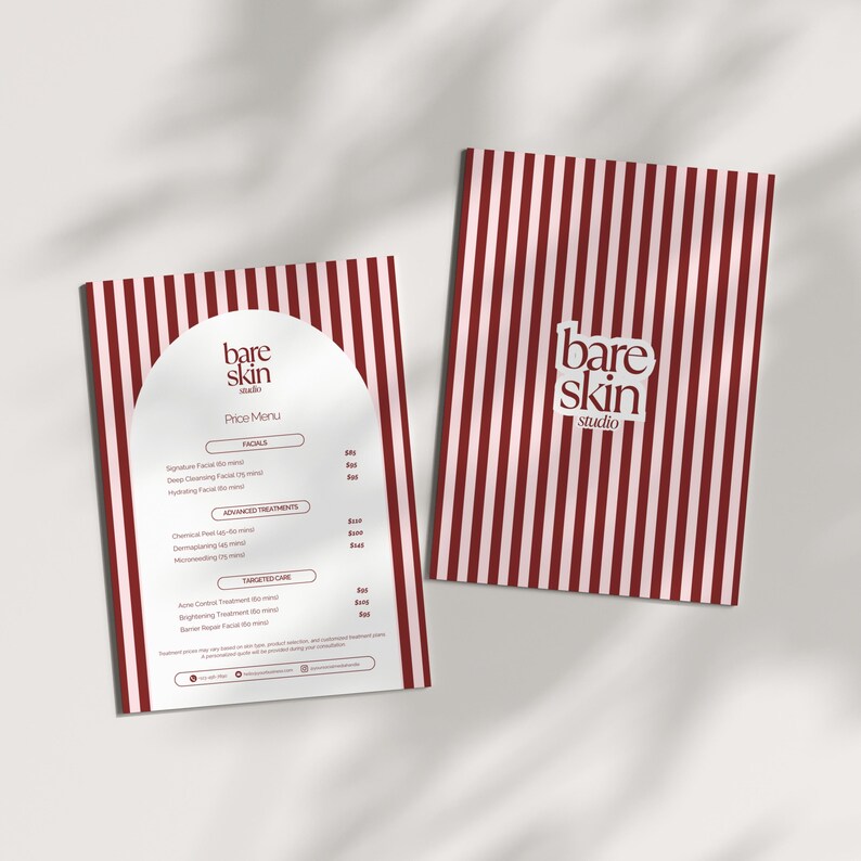 May include: Two brochures with a white background. The brochures have a red and white striped pattern on the back. The front of one brochure has the text "bare skin studio" and "Price Menu". The other brochure has the same text. The brochures list facial treatments.