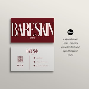May include: Two business cards with the text "BARESKIN STUDIO" in a serif font. The top card is burgundy with white text. The bottom card is white with burgundy text and a QR code. The Canva logo and text are on the right.