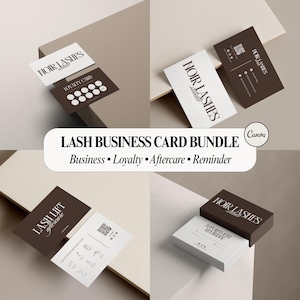 May include: A business card bundle for lash studios. The cards feature the "NOIR LASHES" logo in black and white. The bundle includes business, loyalty, aftercare, and reminder cards. The cards are displayed on a neutral background.