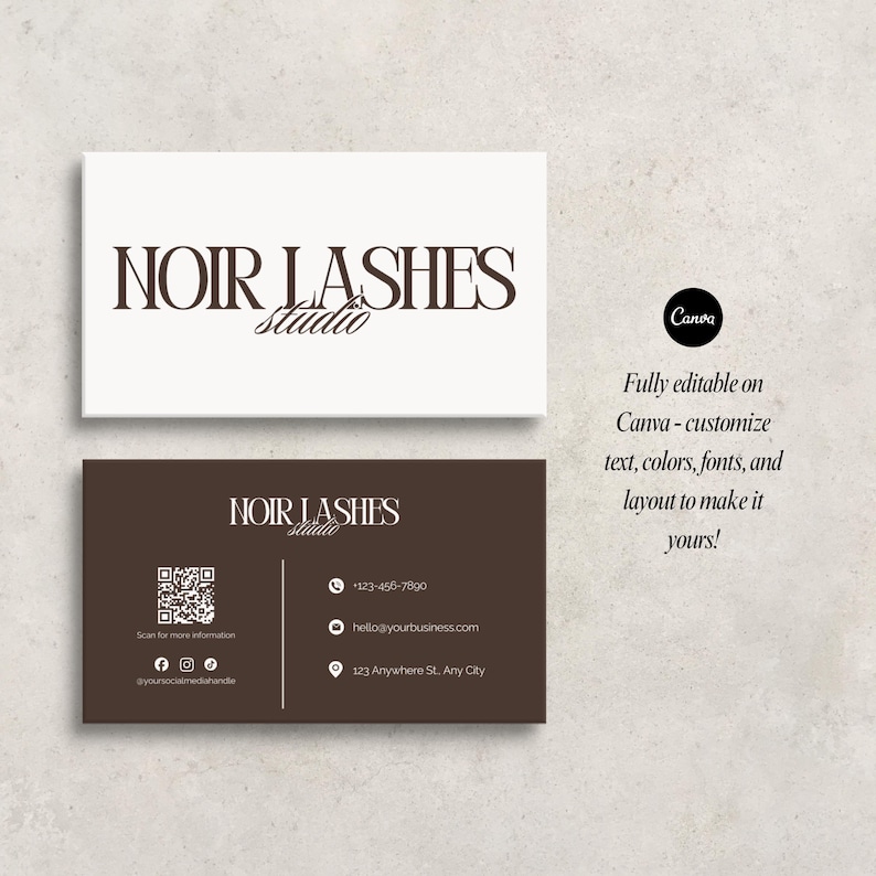 May include: Two business cards with the text "NOIR LASHES Studio". One card is white with brown text, the other is brown with white text. The brown card includes a QR code, phone number, email, and address. The Canva logo and text are on the right.
