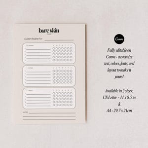 Peut inclure: Un planificateur imprimable beige avec le texte "bare skin studio" en haut. Le planificateur comprend des sections pour les routines du matin, du soir et hebdomadaires, avec un espace pour les notes. Le texte "Fully editable on Canva" est &eacute;galement inclus.