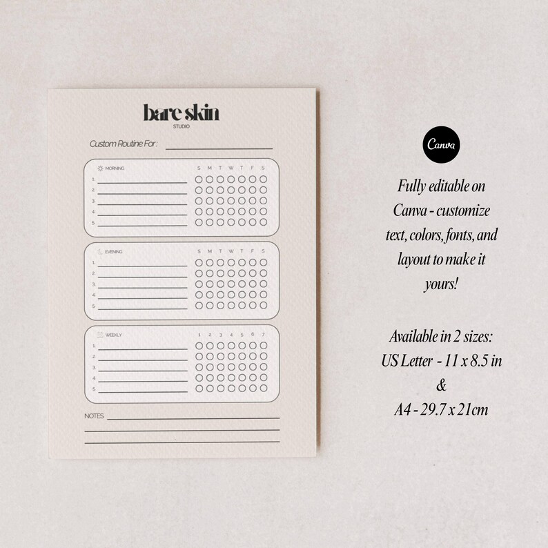 Peut inclure: Un planificateur imprimable beige avec le texte "bare skin studio" en haut. Le planificateur comprend des sections pour les routines du matin, du soir et hebdomadaires, avec un espace pour les notes. Le texte "Fully editable on Canva" est &eacute;galement inclus.