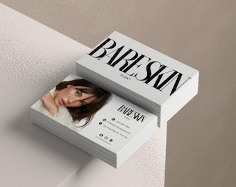 Plantilla de tarjeta de presentación para salón de belleza, spa médico, esteticista, marca de cuidado de la piel, moderna, editable en Canva, tarjeta personalizable de doble cara.