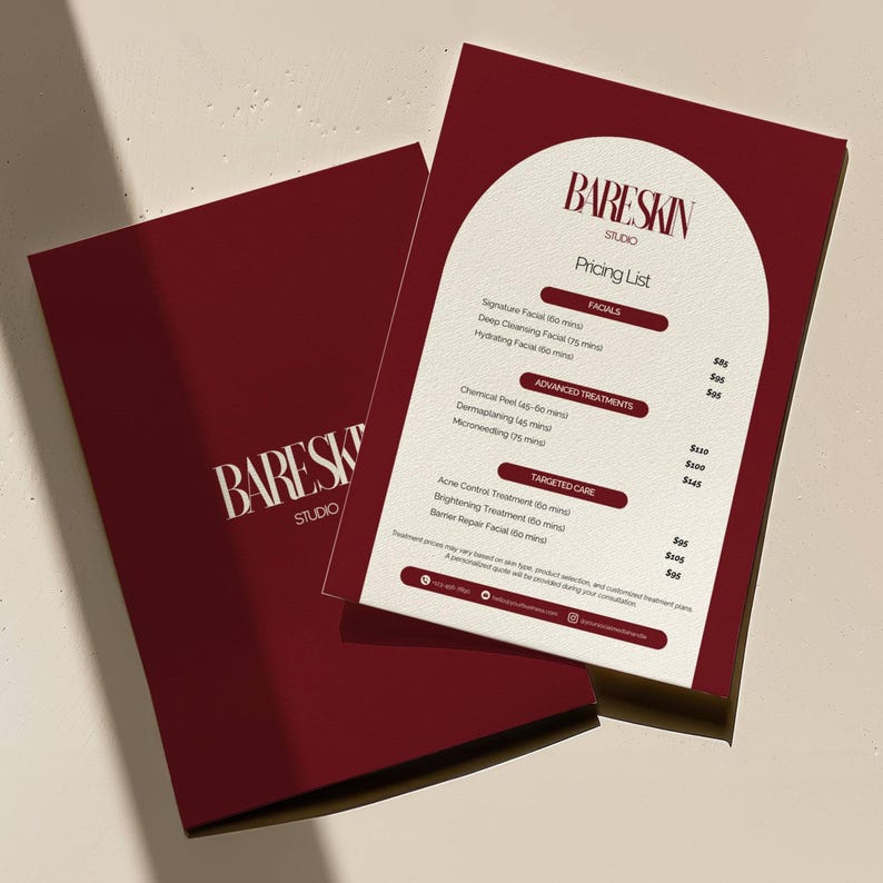 Puede incluir: Una lista de precios burdeos y blanca de Bareskin Studio. La lista incluye tratamientos faciales, tratamientos avanzados y opciones de cuidado espec&iacute;fico. El logotipo de Bareskin Studio es visible en la parte superior izquierda.