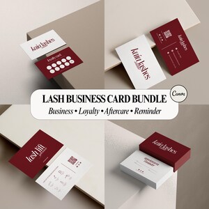 May include: A business card bundle featuring the "kaia lashes" logo in a modern design. The cards are in white and burgundy, with text including "loyalty card", "lash lift", and "appointment reminder". The bundle includes business, loyalty, aftercare, and reminder cards.