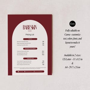 Puede incluir: Una lista de precios en borgo&ntilde;a y blanco para Bareskin Studio, con tratamientos faciales, tratamientos avanzados y cuidados espec&iacute;ficos. Totalmente editable en Canva y disponible en tama&ntilde;os US Letter (27,9 x 21,6 cm) y A4 (29,7 x 21 cm).