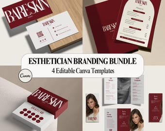 Paquete de elementos esenciales para esteticistas: folleto tríptico, lista de precios, plantillas de fidelización y tarjetas de presentación, Canva editable.