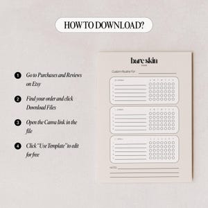 Peut inclure: Un mod&egrave;le de routine de soins de la peau imprimable beige avec le texte "bare skin studio" et "Custom Routine For". Le mod&egrave;le comprend des sections pour les routines du matin, du soir et hebdomadaires, avec des cases &agrave; cocher.