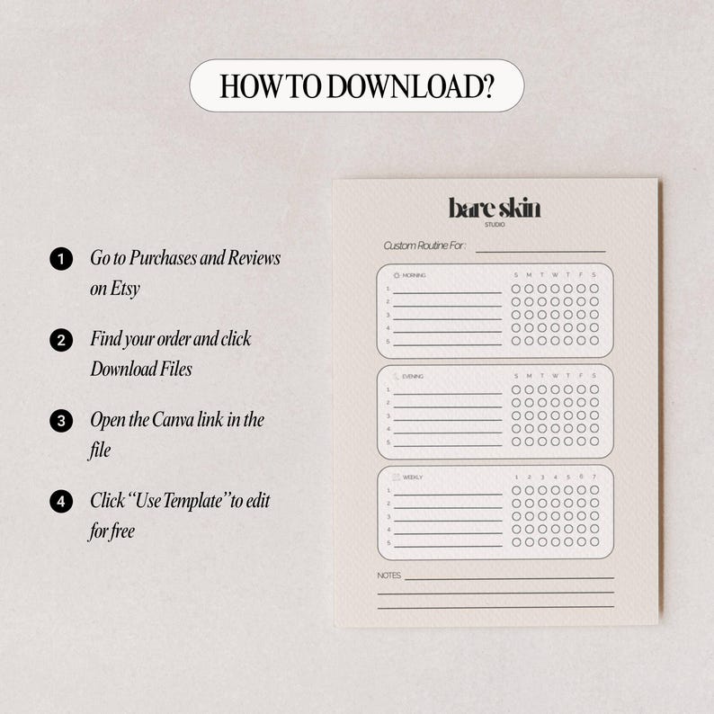Peut inclure: Un mod&egrave;le de routine de soins de la peau imprimable beige avec le texte "bare skin studio" et "Custom Routine For". Le mod&egrave;le comprend des sections pour les routines du matin, du soir et hebdomadaires, avec des cases &agrave; cocher.