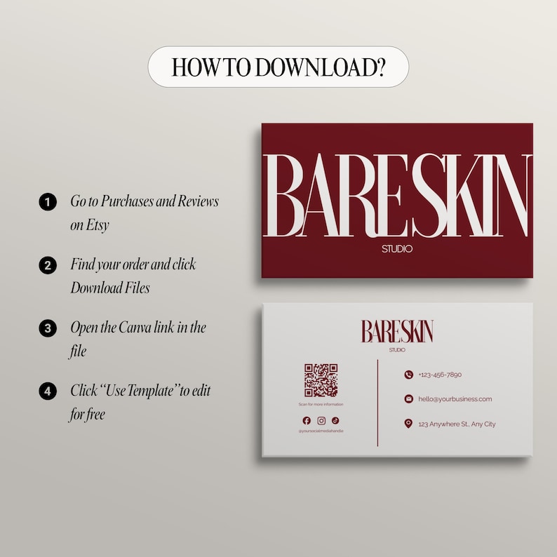 May include: A business card design with the text "BARESKIN STUDIO" in a bold, serif font. The card is a deep red color. Instructions on how to download the template are also included, with steps to find the order on Etsy and open the Canva link.