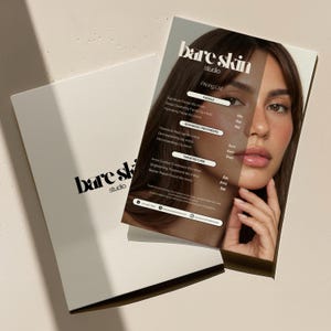 May include: A rectangular pricing list for Bare Skin Studio featuring a portrait of a person with long brown hair. The document includes sections for Facials, Advanced Treatments, and Targeted Care, with text detailing service names and durations.