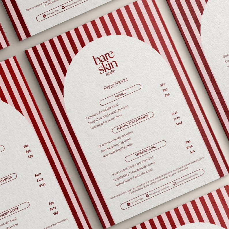 May include: A price menu from Bare Skin Studio, featuring a white background with a red and white striped border. The menu lists facials, advanced treatments, and targeted care services with associated prices.