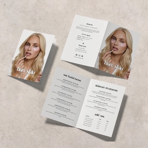 May include: Three-panel brochure with a woman on the cover, wearing eye patches and applying lip gloss. The brochure's text includes "bare skin", "our facial menu", and "skincare treatments". The brochure is on a light beige surface.
