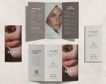 Plantilla de folleto tríptico para esteticista / Folleto de spa médico / Plantilla de cuidado de la piel / Plantilla de lista de precios de salón de belleza / Volante de esteticista