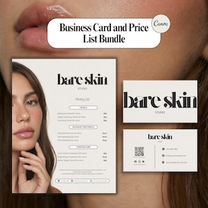 Prijslijst en visitekaartjesbundel schoonheidsspecialiste | Sjablonen voor medische spa- en schoonheidssalons | Bewerkbare digitale canvadownload | Branding huidverzorging