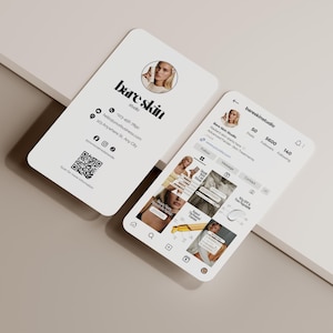 May include: Two white rectangular business cards featuring branding for Bare Skin Studio. One card displays contact details, a circular profile photo, and a QR code. The other card shows a social media profile interface with a grid of posts.