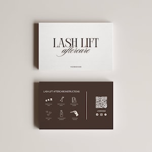May include: Two rectangular cards. The top card is white with the words "LASH LIFT aftercare" in brown script. The bottom card is brown with lash lift aftercare instructions and social media icons.