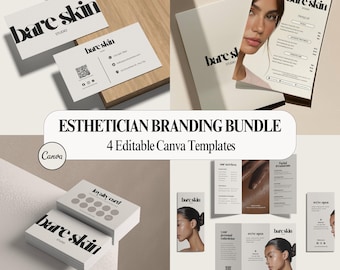 Paquete de elementos esenciales para esteticistas: folleto tríptico, lista de precios, plantillas de fidelización y tarjetas de presentación, Canva editable.