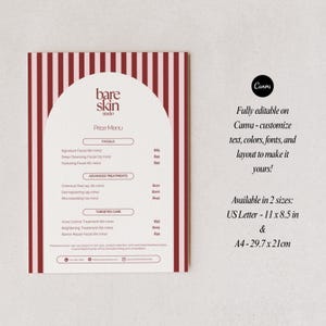 May include: A maroon and white price menu for "bare skin studio" with a vertical striped background. The menu lists facials, advanced treatments, and targeted care options. Text on the right side says "Fully editable on Canva".