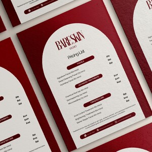 Puede incluir: Una lista de precios roja y blanca para Bare Skin Studio. La lista incluye tratamientos faciales, tratamientos avanzados y servicios de cuidado espec&iacute;fico. El texto est&aacute; en una fuente clara y f&aacute;cil de leer. El dise&ntilde;o es moderno y profesional.