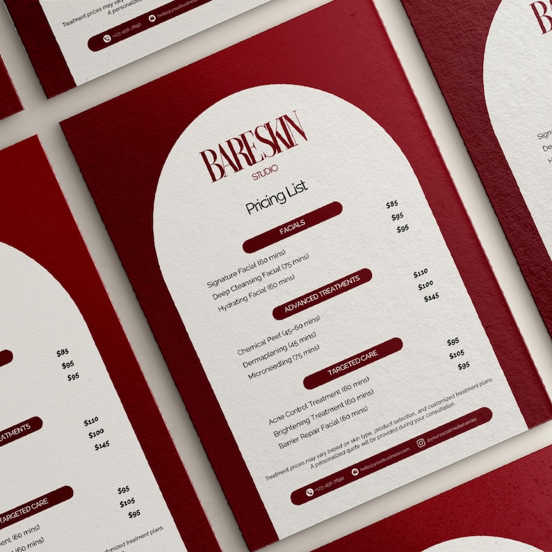 Puede incluir: Una lista de precios roja y blanca para Bare Skin Studio. La lista incluye tratamientos faciales, tratamientos avanzados y servicios de cuidado espec&iacute;fico. El texto est&aacute; en una fuente clara y f&aacute;cil de leer. El dise&ntilde;o es moderno y profesional.