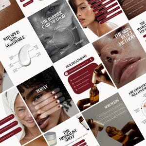 Peut inclure: Un collage d'images de produits de soins de la peau et de graphiques informatifs. Le texte comprend "The Barrier Care Method", "The Skin Reset Method" et "Serum Tips". La palette de couleurs est principalement blanche, marron et bordeaux.