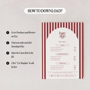 May include: A price menu from Bare Skin Studio, featuring a white and brown design. The menu lists facials, advanced treatments, and targeted care options. Instructions on how to download the file are also included.