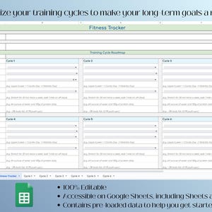 May include: A fitness tracker template in a spreadsheet format, designed to organize training cycles. The spreadsheet includes sections for major goals, cycle details, and a training cycle roadmap. The document is 100% editable and accessible on Google Sheets.