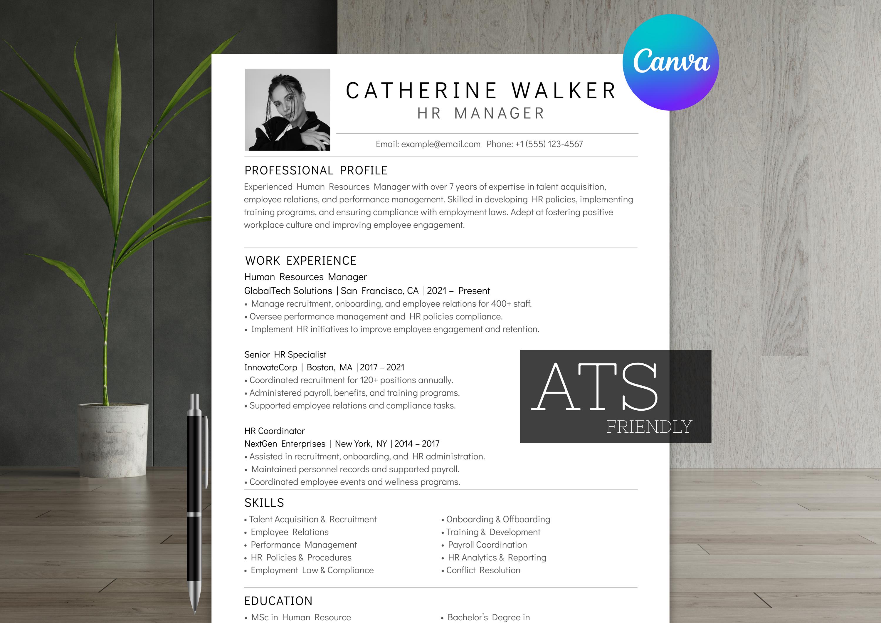 ATS Friendly Resume Template With Photo | Canva Editable CV + Cover ...