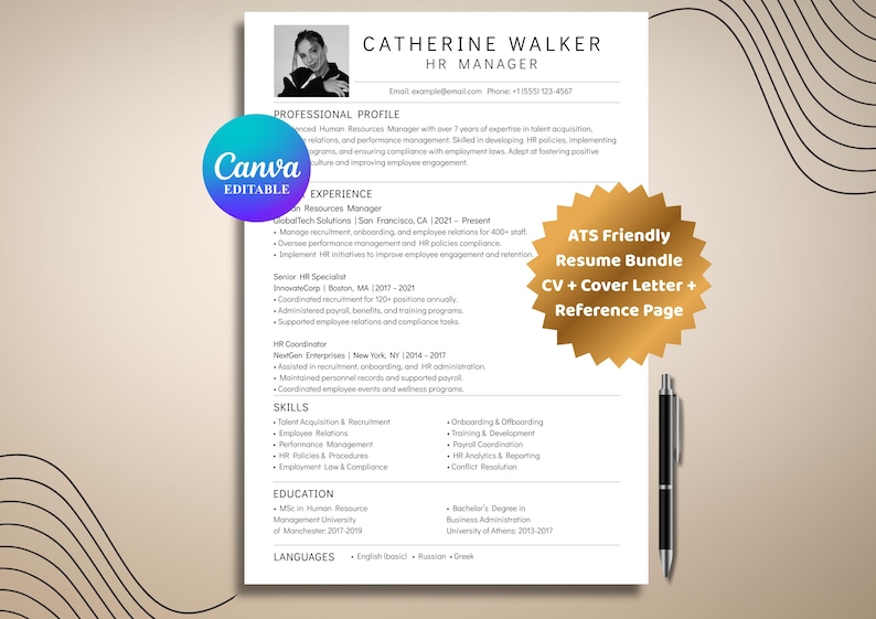 ATS Friendly Resume Template With Photo | Canva Editable CV + Cover ...