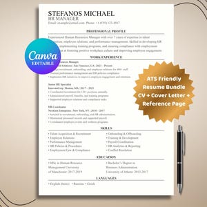 Puede incluir: Una plantilla de currículum vitae blanca con el nombre "STEFANOS MICHAEL" en la parte superior. El currículum incluye secciones para el perfil profesional, la experiencia laboral, las habilidades, la educación y los idiomas. Una pegatina dorada dice "ATS Friendly Resume Bundle CV + Cover Letter + Reference Page".