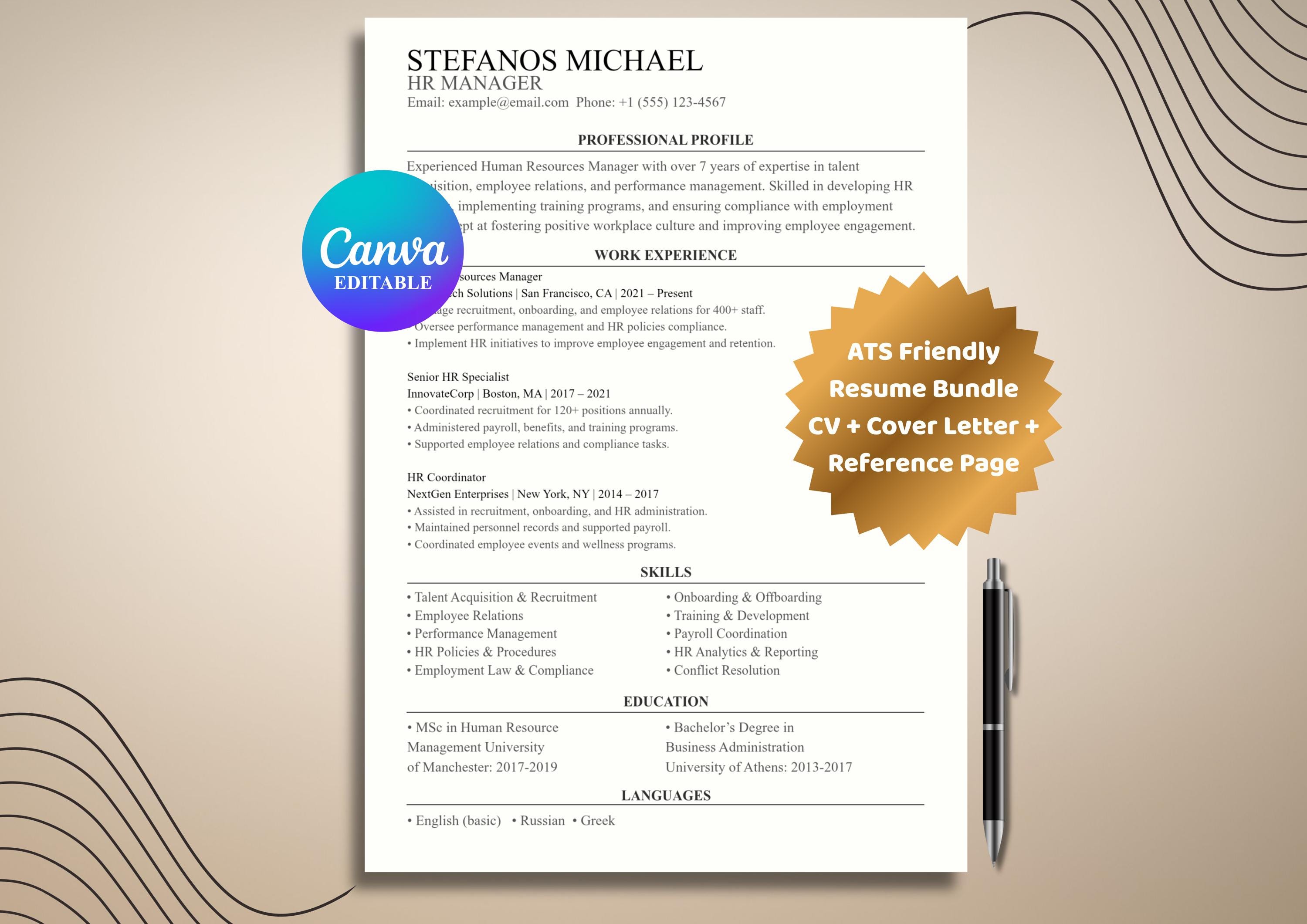 ATS Friendly CV Resume Template | Cover Letter & Reference Page ...