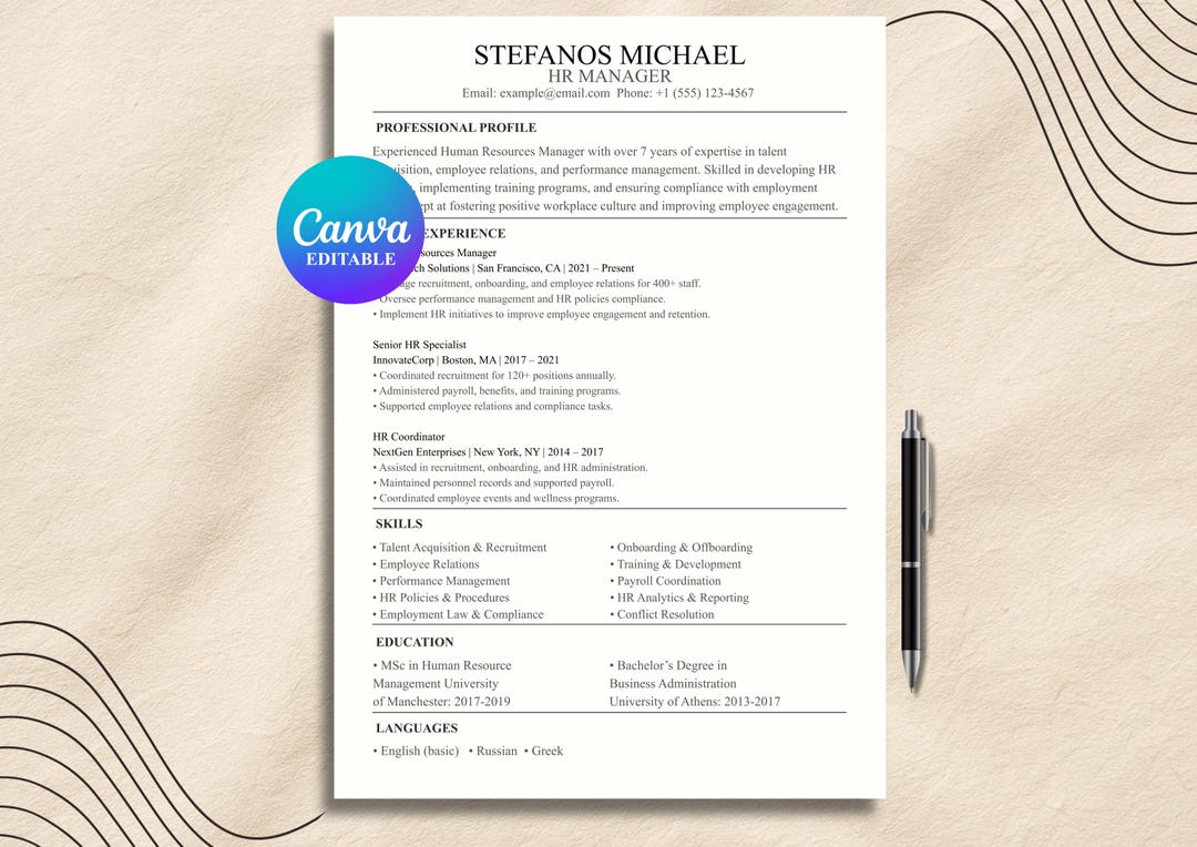 ATS Friendly Resume Template Canva | Professional Single Column CV ...