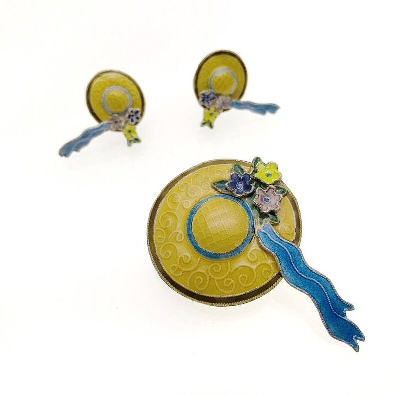 Enameled Sterling Silver Straw Hat Brooch and Earrings Set