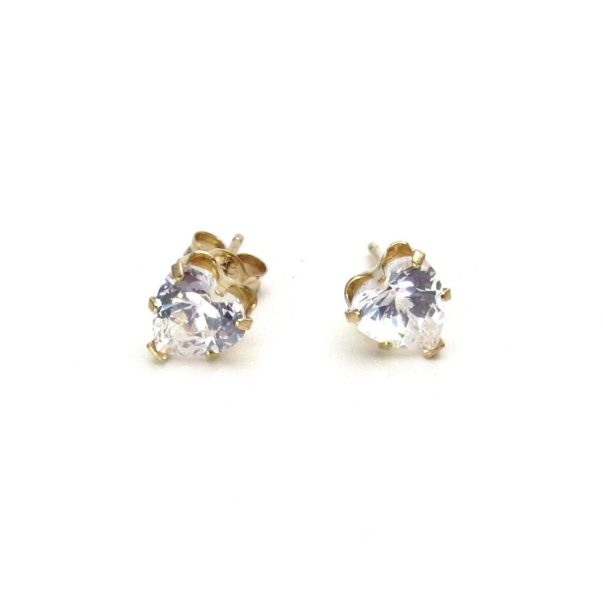 Vintage 14k Gold Heart Shaped Cz Solitaire Stud Earrings Etsy
