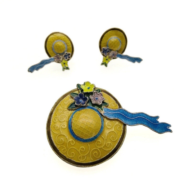 Enameled Sterling Silver Straw Hat Brooch and Earrings Set