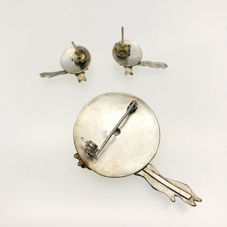 Enameled Sterling Silver Straw Hat Brooch and Earrings Set