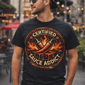 May include: Black t-shirt with a circular graphic featuring two red chili peppers engulfed in flames. The text "CERTIFIED SAUCE ADDICT" is printed around the peppers in a distressed orange font.