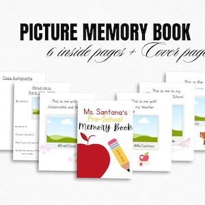 May include: A collection of open memory books with the title "Picture Memory Book" in black font. The cover of one book reads "Ms. Santana's Pre-School Memory Book" with an apple and pencil graphic. Other pages include photo spaces and text.