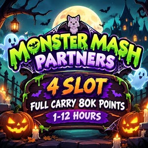 May include: A Halloween-themed graphic featuring the text Monster Mash Partners, 4 Slot, Full Carry 80K Points, and 1-12 Hours. The design includes a full moon, a haunted house, ghosts, bats, lit candles, and two jack-o'-lanterns with glowing faces.
