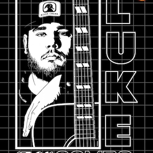 Könnte beinhalten: Schwarz-weiße grafische Illustration eines Mannes mit Bart, der einen Hut mit der Aufschrift "Kings Creek" trägt und eine Gitarre hält. Der Name "LUKE COMBS" ist in weißen Blockbuchstaben geschrieben.