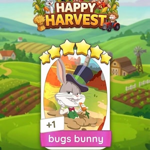 May include: A digital game card featuring Bugs Bunny wearing a top hat and green vest, holding a carrot while emerging from the ground. The card displays five yellow stars at the top, the text +1, and the label bugs bunny in a pink banner.