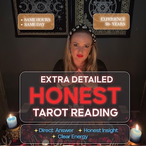 May include: A woman with blonde hair and a polka dot headband is the central figure in this image. Text reads "EXTRA DETAILED HONEST TAROT READING" and "SAME HOURS SAME DAY". Lit candles are placed on either side of the woman.