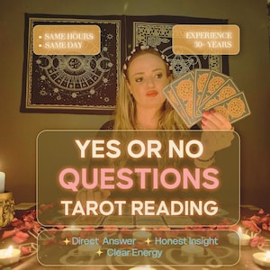 May include: A person holding tarot cards, with text overlay reading "YES OR NO QUESTIONS TAROT READING." Additional text includes "SAME HOURS SAME DAY," "EXPERIENCE 30 YEARS," "Direct Answer," "Honest Insight," and "Clear Energy."