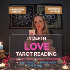 Puede incluir: Una persona sosteniendo cartas del tarot, con superposición de texto: "IN DEPTH LOVE TAROT READING." El texto adicional incluye "Same Hours, Same Day", "Experience 30+ Years", "Direct Answer, Honest Insight, Clear Energy."