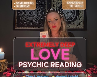 Puede incluir: Una persona sosteniendo cartas del tarot, con una superposición de texto que dice "EXTREMELY DEEP LOVE PSYCHIC READING." El texto adicional incluye "Same Hours, Same Day" y "Experience 30+ Years." La imagen presenta velas y elementos decorativos.