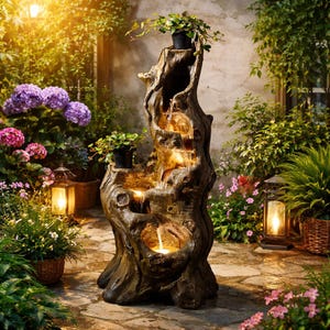 May include: A decorative outdoor water fountain designed to resemble a weathered tree trunk. The fountain features cascading water, built-in lights, and small potted plants. The fountain is surrounded by lush greenery, flowers, and lanterns.